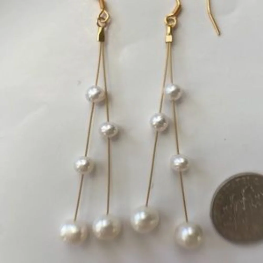 White AAAvPearl Long Linear Dangle Earrings • Gold • Statement Earrings